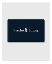 A stylish rectangular black card showcases the "Psycho Bunny" brand in sharp white lettering, accompanied by a logo featuring a bunny head with skull and crossbones beneath it. This Psycho Bunny Digital Gift Card is an ideal choice for fashionable gifts—redeem during checkout to enhance your shopping journey.