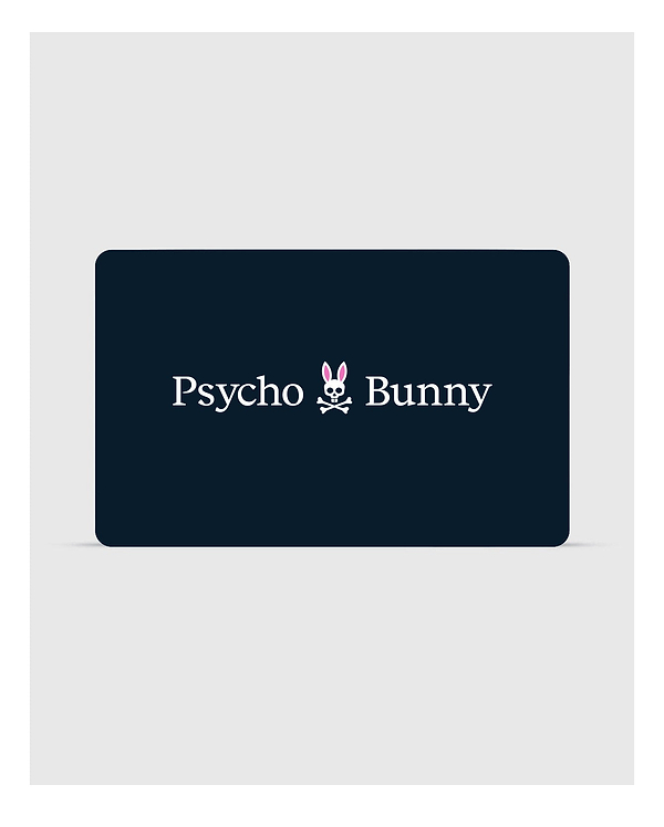 A stylish rectangular black card showcases the "Psycho Bunny" brand in sharp white lettering, accompanied by a logo featuring a bunny head with skull and crossbones beneath it. This Psycho Bunny Digital Gift Card is an ideal choice for fashionable gifts—redeem during checkout to enhance your shopping journey.