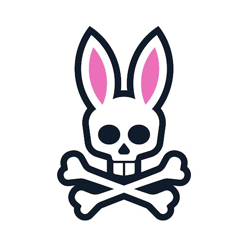 Psycho Bunny Small Holo Gift Box showcasing the iconic white bunny skull and crossbones logo with vibrant pink inner ears, bold black outlines, a distinctive graphic.