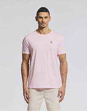 Black Mens Classic Crew Neck Tee crafted from soft Pima cotton jersey, featuring a small, vibrant embroidered Psycho Bunny skull logo on the left chest.