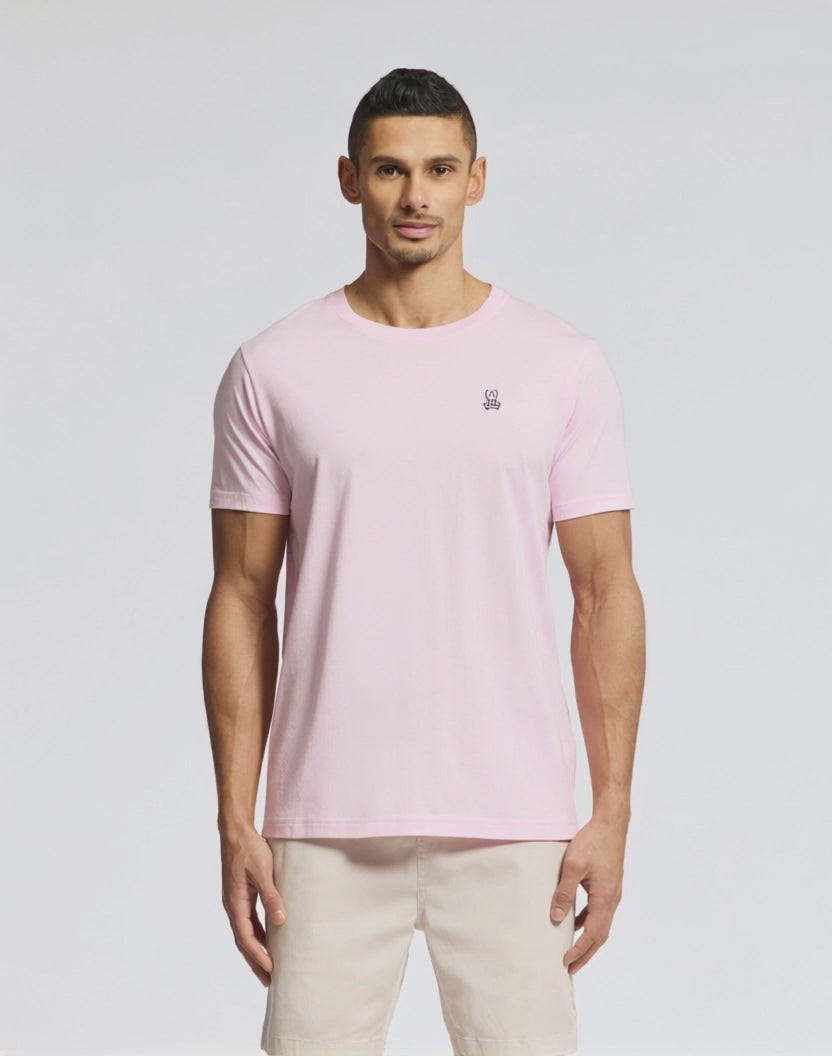 Black Mens Classic Crew Neck Tee crafted from soft Pima cotton jersey, featuring a small, vibrant embroidered Psycho Bunny skull logo on the left chest.