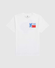 A plain white men's Psycho Bunny Texas tee laid flat, featuring a graphic print with the word "TEXAS" in block letters and a stylized blue and red design underneath, positioned slightly off-center towards the left.