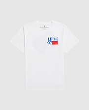 A plain white men's Psycho Bunny Texas tee laid flat, featuring a graphic print with the word "TEXAS" in block letters and a stylized blue and red design underneath, positioned slightly off-center towards the left.