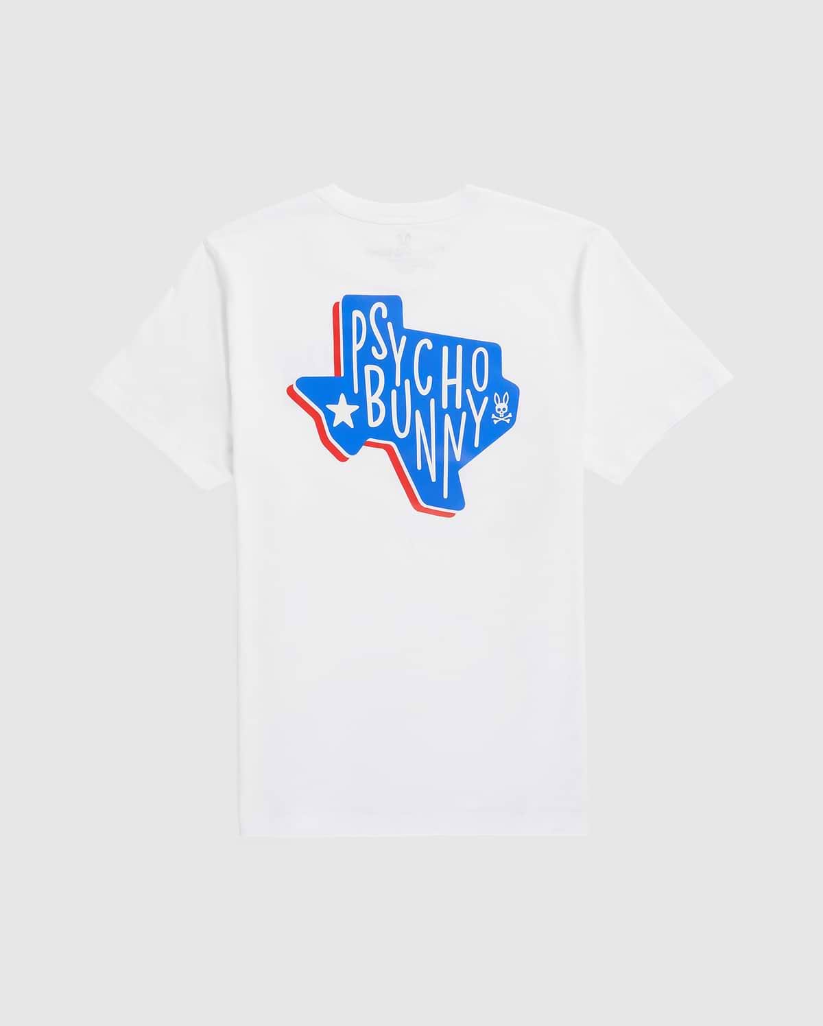 White MENS TEXAS TEE crafted from Pima cotton jersey, featuring a graphic design of the state of Texas in blue and red colors with the "Psycho Bunny" text and a star inside the outline.