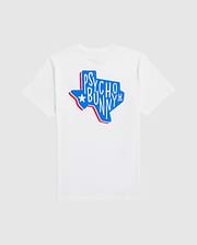 White MENS TEXAS TEE crafted from Pima cotton jersey, featuring a graphic design of the state of Texas in blue and red colors with the "Psycho Bunny" text and a star inside the outline.