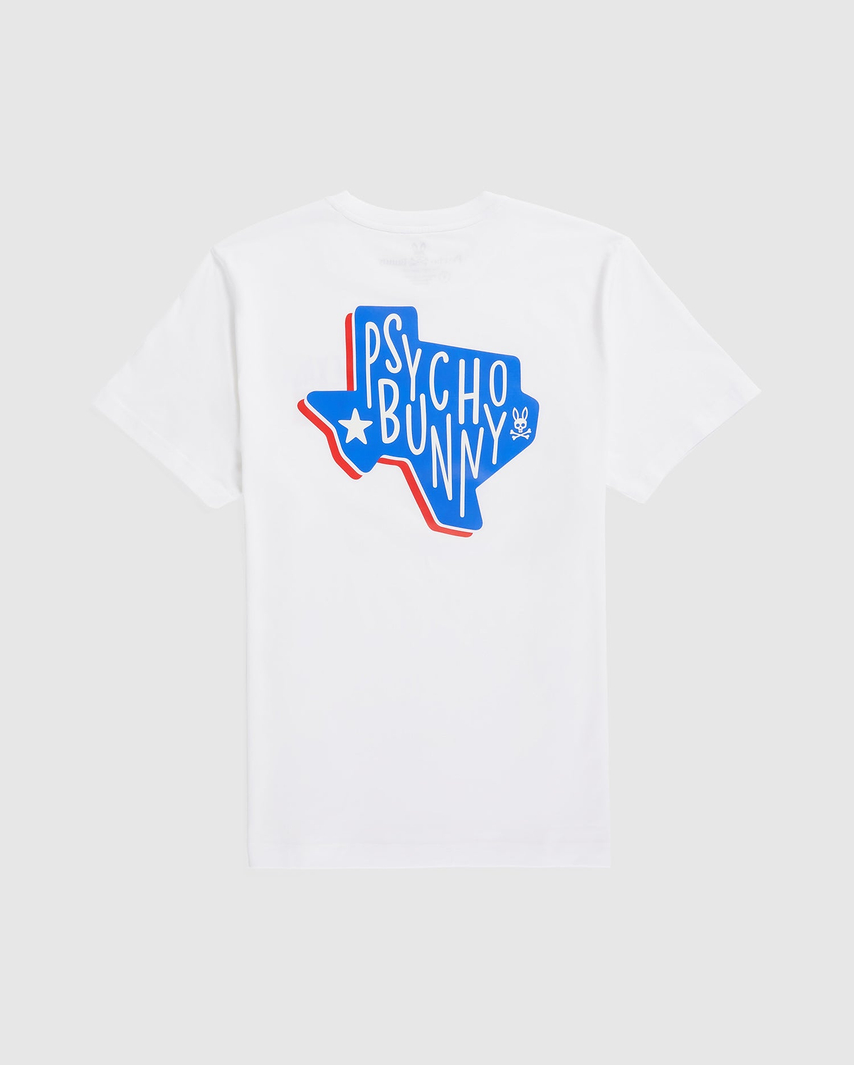 White MENS TEXAS TEE crafted from Pima cotton jersey, featuring a graphic design of the state of Texas in blue and red colors with the "Psycho Bunny" text and a star inside the outline.