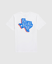 White MENS TEXAS TEE crafted from Pima cotton jersey, featuring a graphic design of the state of Texas in blue and red colors with the "Psycho Bunny" text and a star inside the outline.