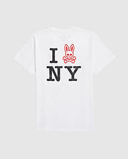A white Pima cotton jersey T-shirt featuring the text "I [heart] NY" with a twist: instead of a heart, there’s a red cartoon rabbit with crossbones underneath it. The bold black letters and outlined red bunny logo stand out against the plain white background is the MENS NEW YORK TEE - B6U554W1PC from Psycho Bunny.