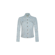 The Maven Jacket is a light blue cotton jacquard jacket featuring a subtle white floral pattern, silver buttons, a classic collar, and two chest pockets with a structured fit. Shown against a plain white background.