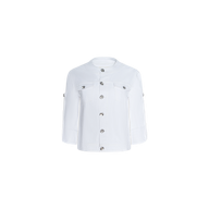 The Anouk Jean Jacket is a white, long-sleeve, collarless denim jacket featuring silver buttons down the front and on two chest pockets. Shown against a plain white background, it is designed in a relaxed fit for effortless style.