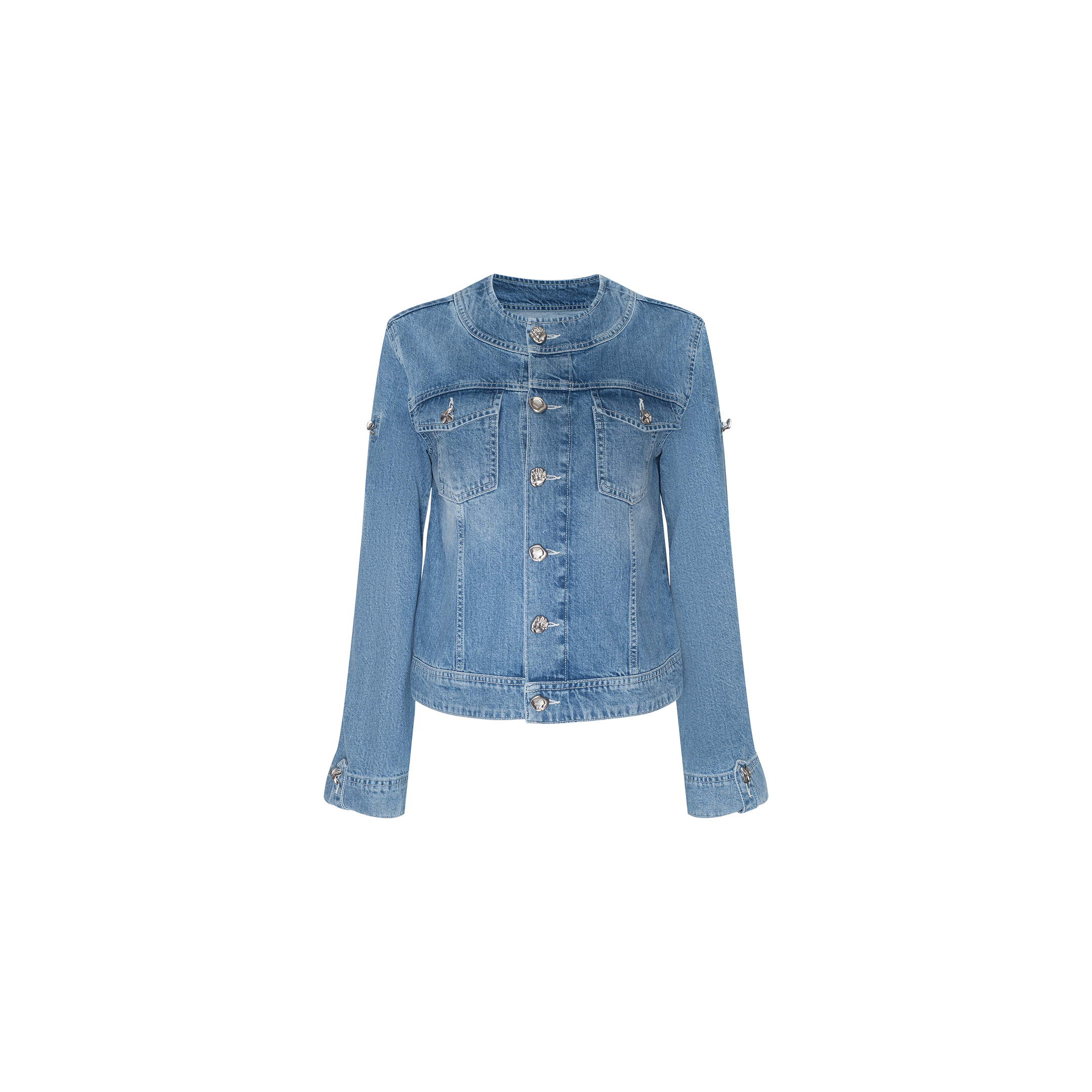 The Anouk Jean Jacket is a light blue indigo denim jacket featuring silver buttons, two chest pockets, long sleeves, and a classic, fitted design. It is displayed on a plain white background.