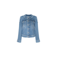 The Anouk Jean Jacket is a light blue indigo denim jacket featuring silver buttons, two chest pockets, long sleeves, and a classic, fitted design. It is displayed on a plain white background.