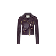 The Blakely Leather Biker Jacket is a cropped dark purple lambskin design featuring gold zippers and buttons, wide lapels, epaulets, and multiple front pockets, displayed against a plain white background.