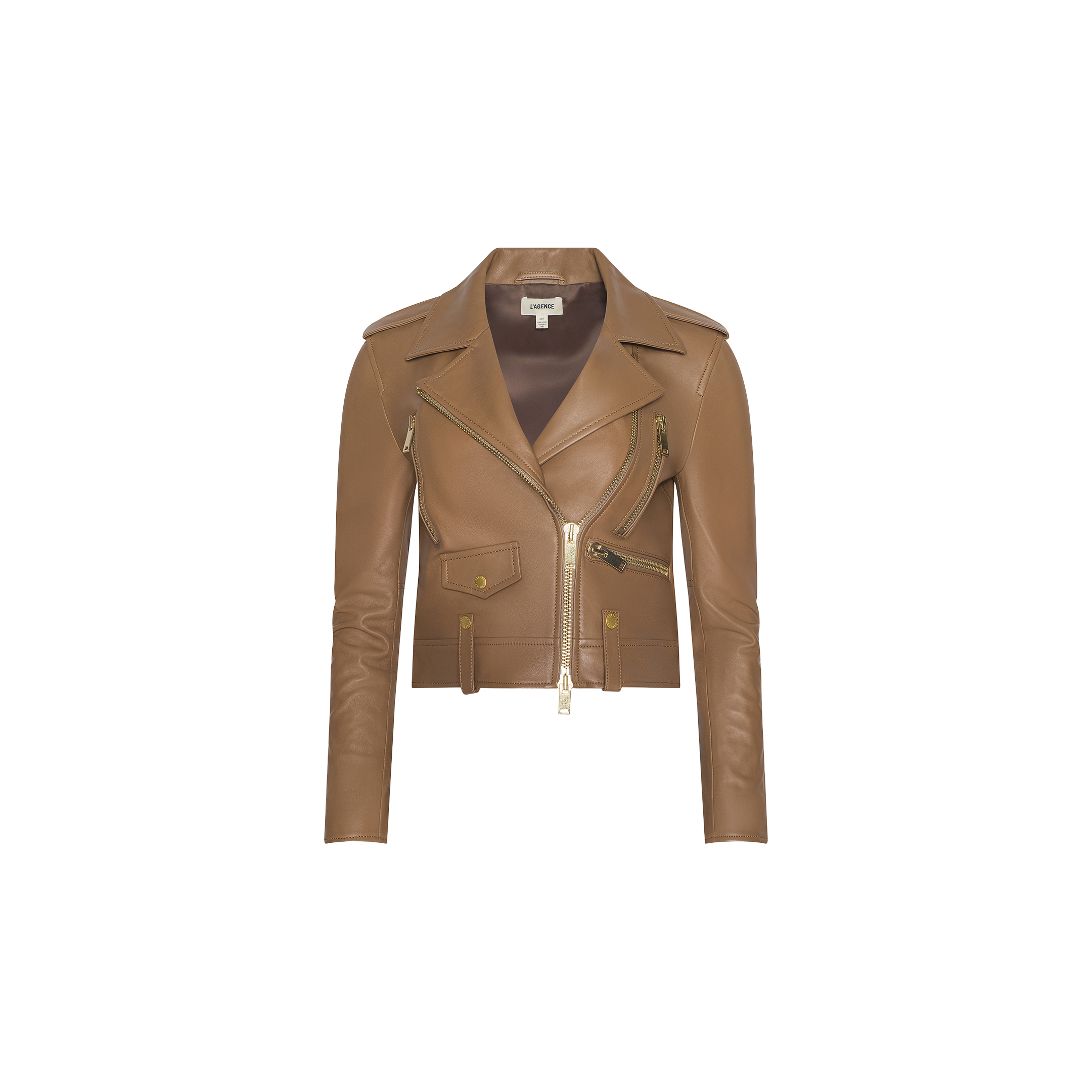 The Blakely Leather Biker Jacket is crafted from luxurious brown lambskin leather and features gold zippers and buttons, a notched lapel collar, flap pockets, and fitted long sleeves. Displayed on a plain white background.