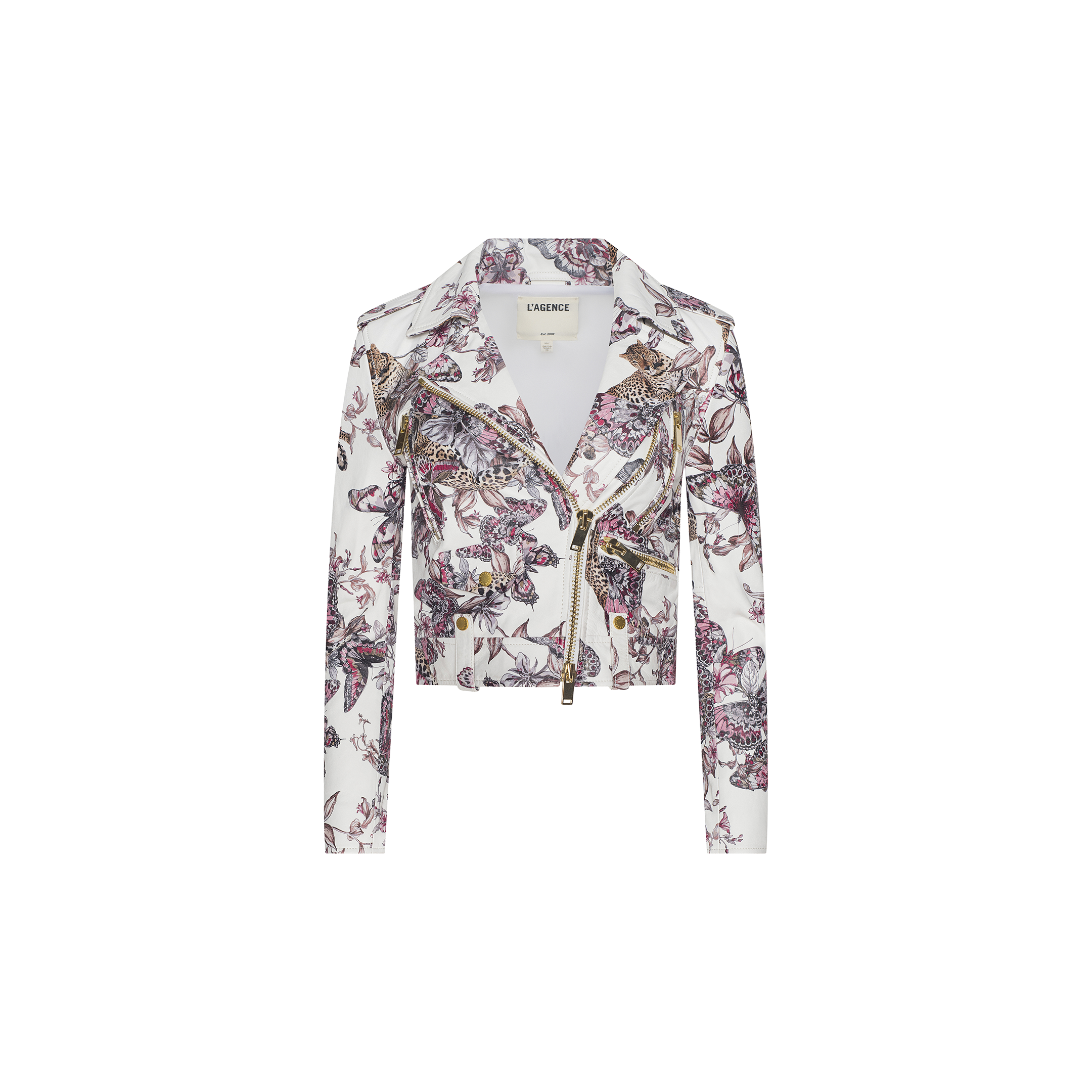 The Blakely Leather Biker Jacket is a white, long-sleeve biker jacket crafted from lambskin leather, adorned with a pink and purple floral print, gold zippers, and a lapel collar, displayed on a white background.
