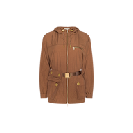 The Calina Windbreaker is a brown hooded jacket featuring gold zippers, a front chest pocket, spacious front pockets with button flaps, a detachable belt bag, and a coordinating belt with a gold buckle. This water-repellent utility-chic piece is shown on a white background.