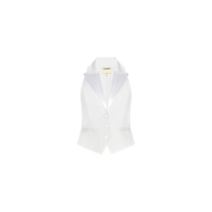 The Tomi Vest is a sleeveless, white tuxedo vest featuring a satin lapel and two buttons, crafted from stretch suiting fabric and displayed on a plain white background.