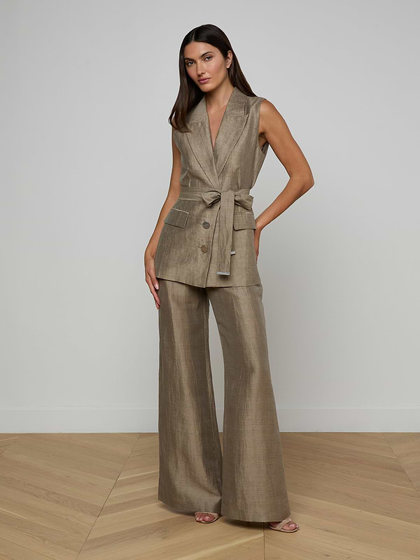 Woman wearing the Harper Linen-Blend Vest with matching pants, standing against a plain white background.