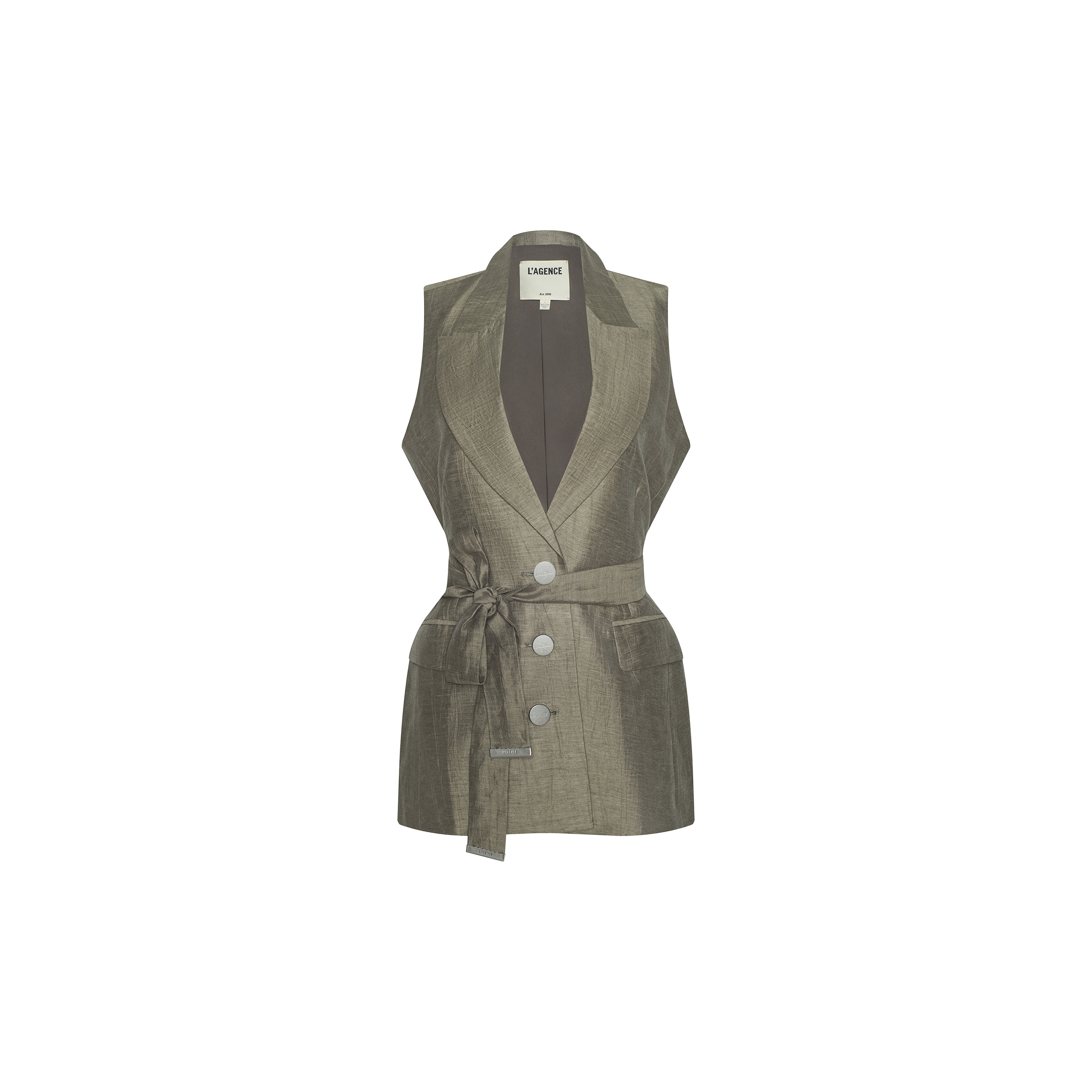 Harper Linen-Blend Vest in a sleeveless metallic olive design, featuring a shawl collar, front buttons, tie belt, and two flap pockets. Shown against a white background. Pair with matching pants for a coordinated look.