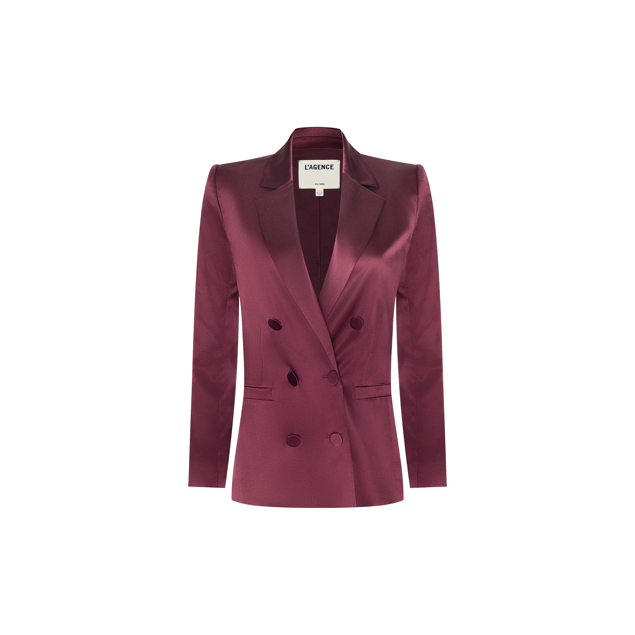 Sena Silk Blazer in merlot red, featuring a double-breasted design with peak lapels and two rows of buttons, displayed on a plain white background.