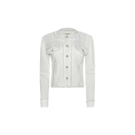 Yarin Collarless Fray Jacket featuring large buttons, frayed edges, and two front chest pockets, crafted from stretch denim and displayed on a plain white background.
