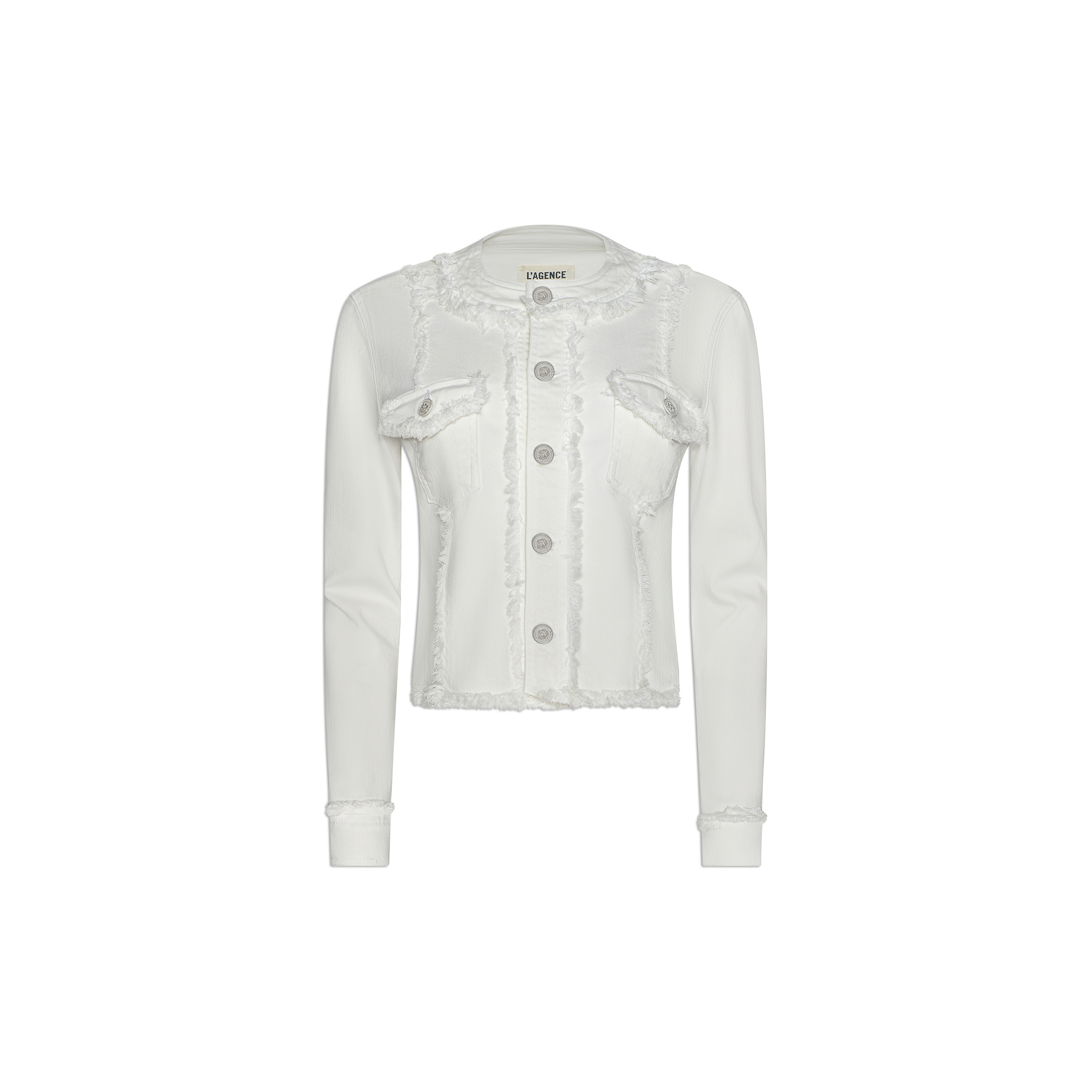 Yarin Collarless Fray Jacket featuring large buttons, frayed edges, and two front chest pockets, crafted from stretch denim and displayed on a plain white background.