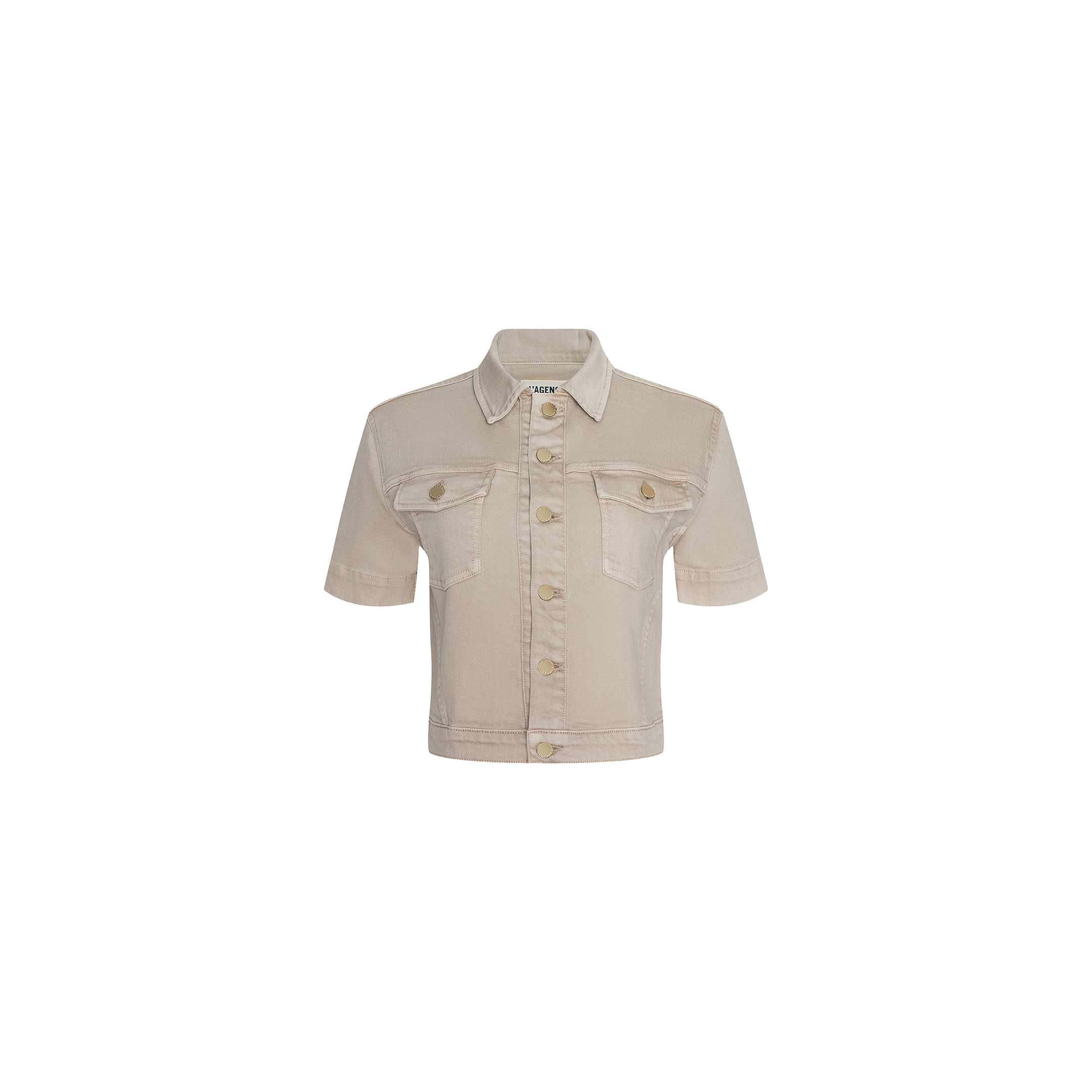The Kirstie Jean Shirt Jacket is a beige, short-sleeve denim jacket featuring a collar, button-down front, and two chest pockets. Styled as a cropped denim jacket, it is displayed on a plain white background.