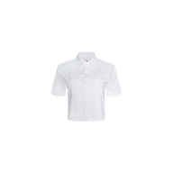 Kirstie Jean Shirt Jacket in white, featuring a cropped silhouette, short sleeves, collar, and two front chest pockets, displayed on a plain white background.