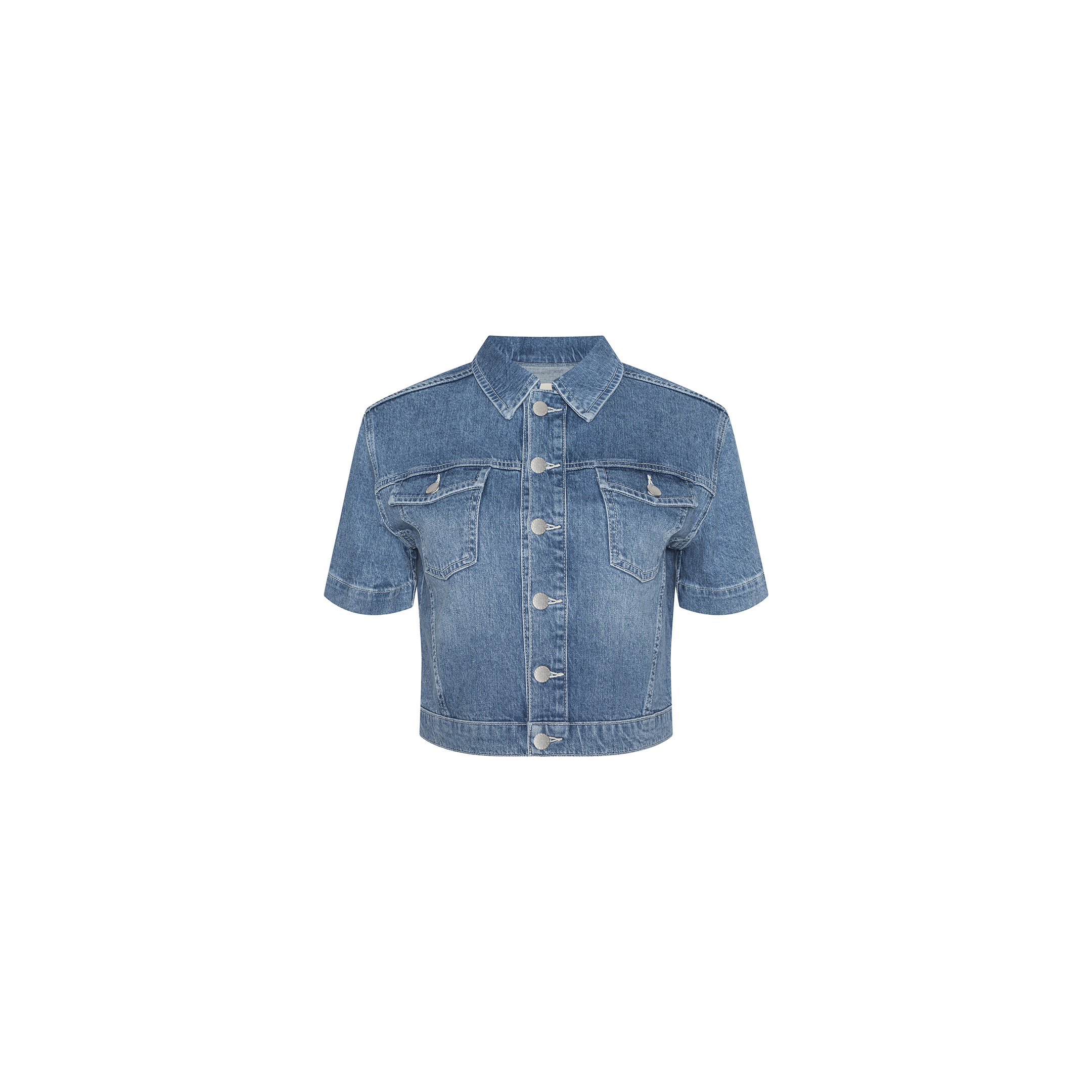 The Kirstie Jean Shirt Jacket is a short-sleeve denim piece featuring a button-up front, two chest pockets, and a collar, shown against a plain white background.