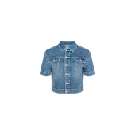 The Kirstie Jean Shirt Jacket is a short-sleeve denim piece featuring a button-up front, two chest pockets, and a collar, shown against a plain white background.