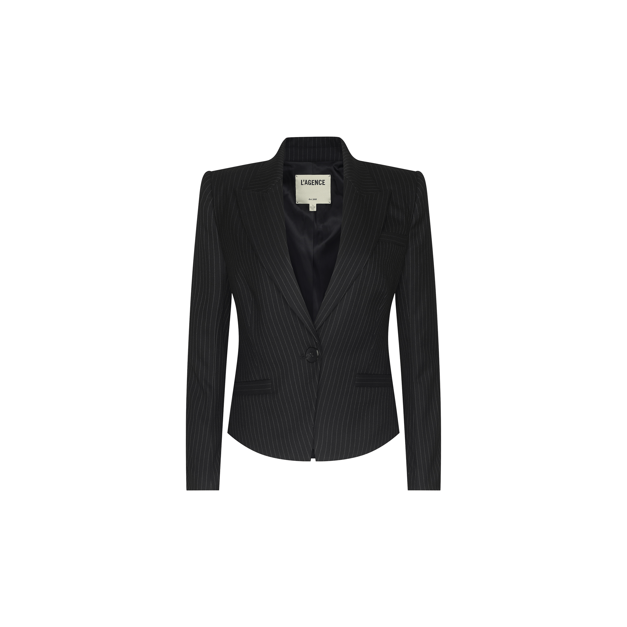 Vintage-inspired satin accents elevate the Misa Blazer, a black pinstripe design featuring a single button closure, notched lapels, and fitted tailoring, showcased against a plain white background.