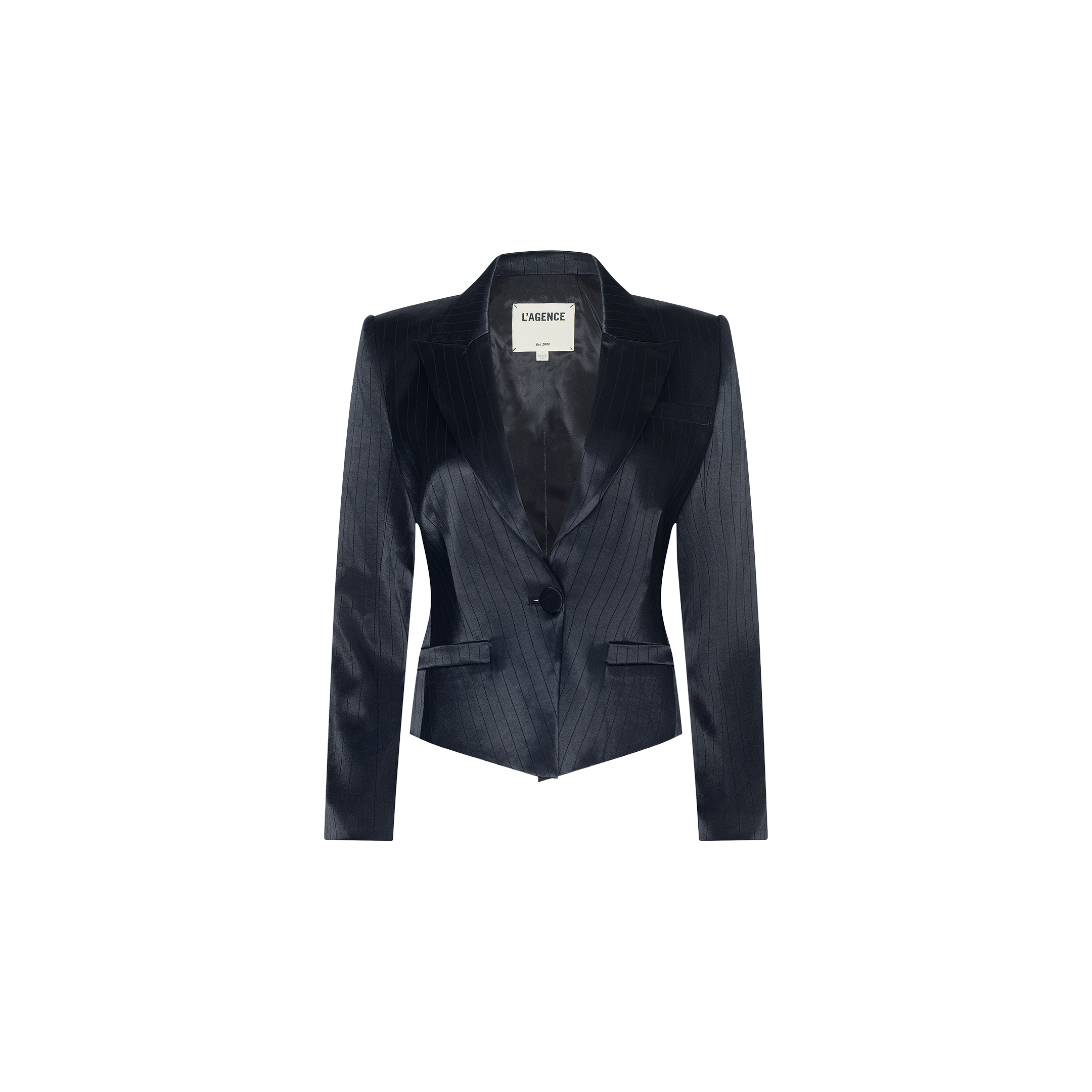 The Misa Blazer is a women’s black pinstripe blazer featuring notched lapels, a single button closure, front flap pockets, and a tailored fit, shown against a plain white background.