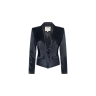 The Misa Blazer is a women’s black pinstripe blazer featuring notched lapels, a single button closure, front flap pockets, and a tailored fit, shown against a plain white background.
