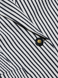 Close-up of the Misa Seersucker Blazer fabric, featuring black and white diagonal stripes and a gold button with a shiny center encircled by a black rim.