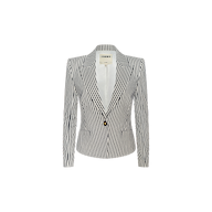 The Misa Seersucker Blazer, featuring black and white vertical stripes, notched lapels, a single front button, and long sleeves, is displayed on a plain white background. This tailored women’s blazer combines classic seersucker style with contemporary detailing for a modern look.