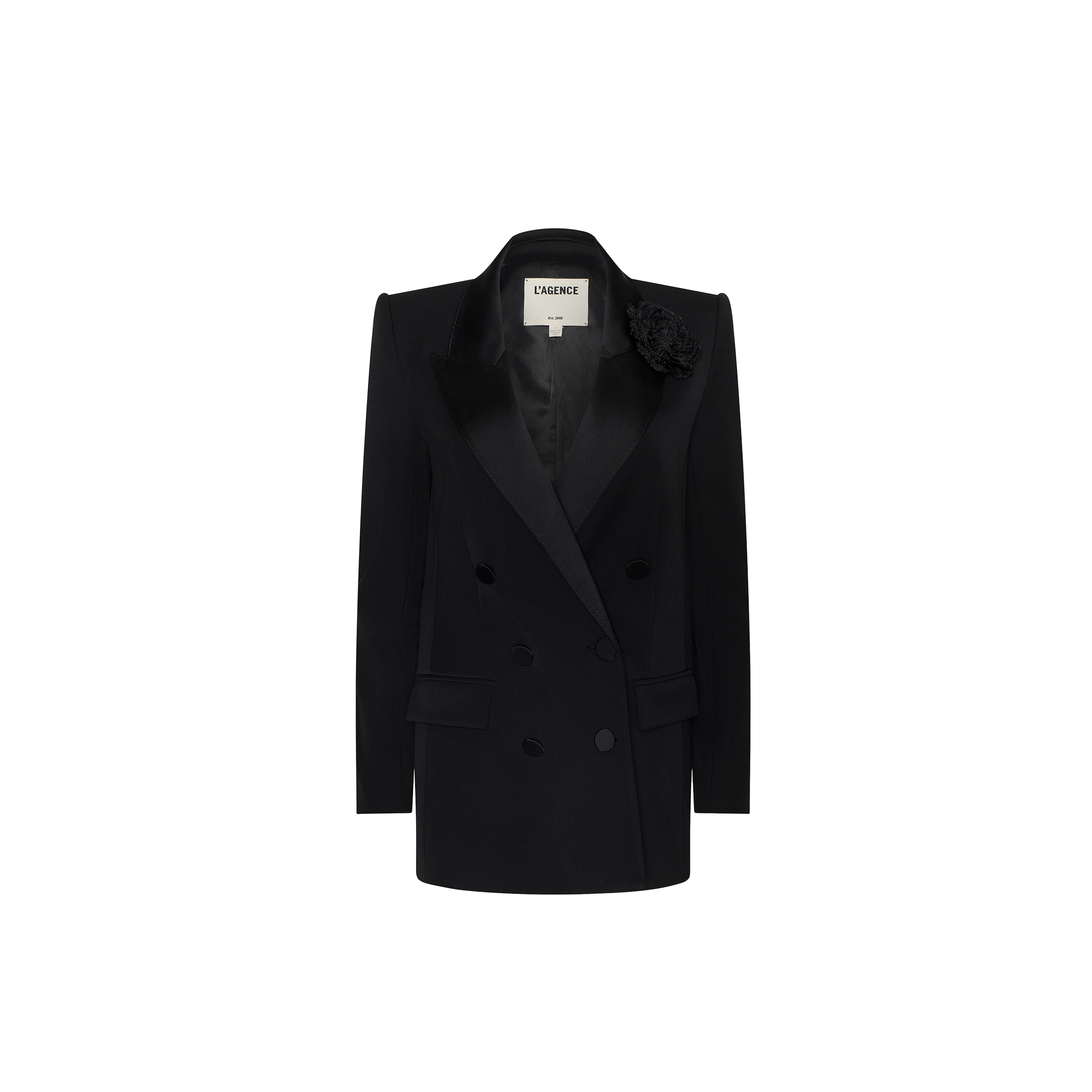 The Cambrie Oversized Blazer, featuring a black double-breasted design with satin lapels and a floral embellishment on the left shoulder, is displayed against a plain white background.