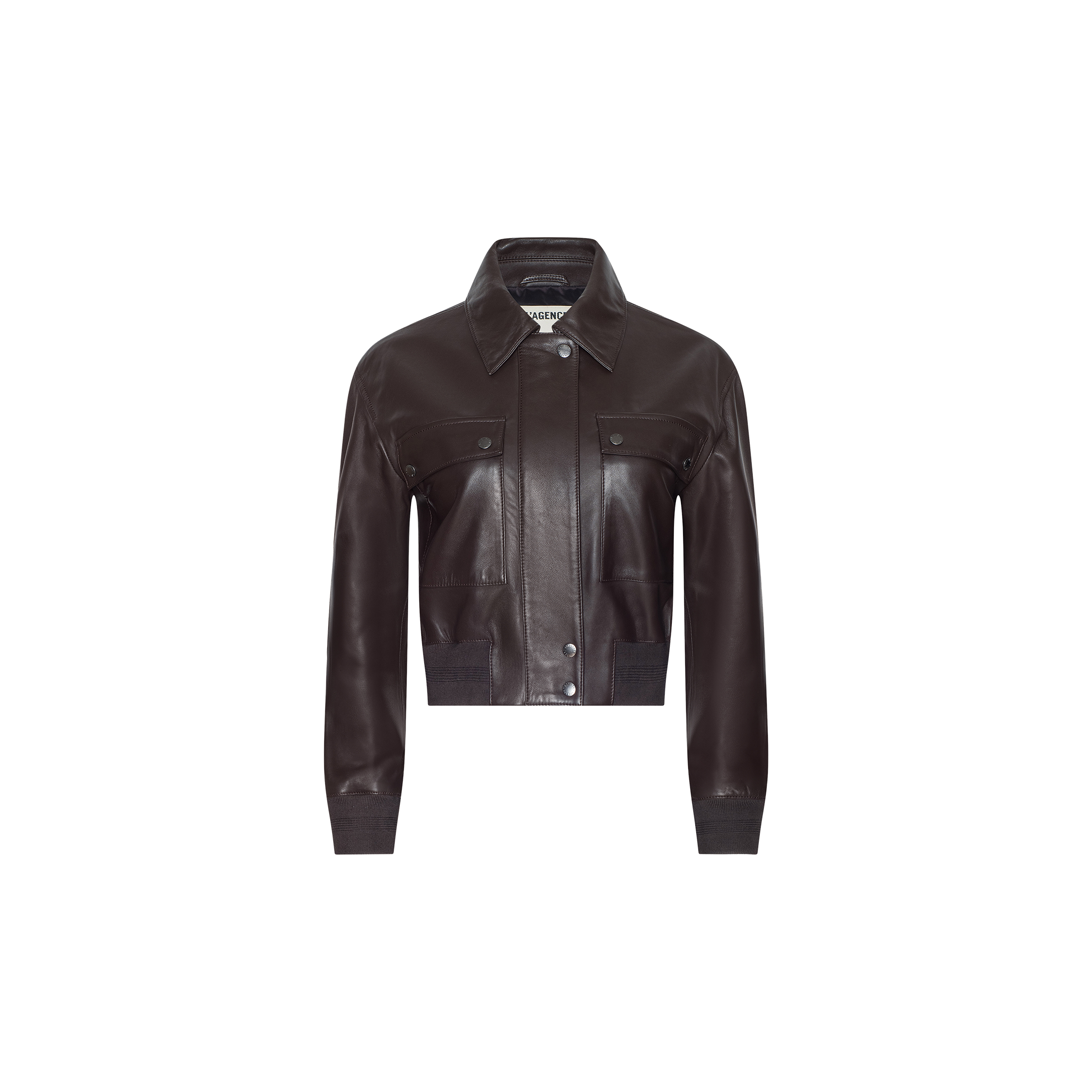 Introducing the Clotilde Leather Jacket: a dark brown cropped bomber crafted from fine-grain leather, featuring a collar, front buttons, two chest pockets, and ribbed cuffs and hem—perfect for luxury layering. Shown on a plain white background.