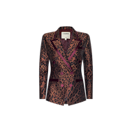 The Kyomi Double-Breasted Blazer is a longline blazer with a brown and black leopard jacquard print, highlighted by maroon velvet lapels, buttons, and pocket accents, shown against a plain white background.