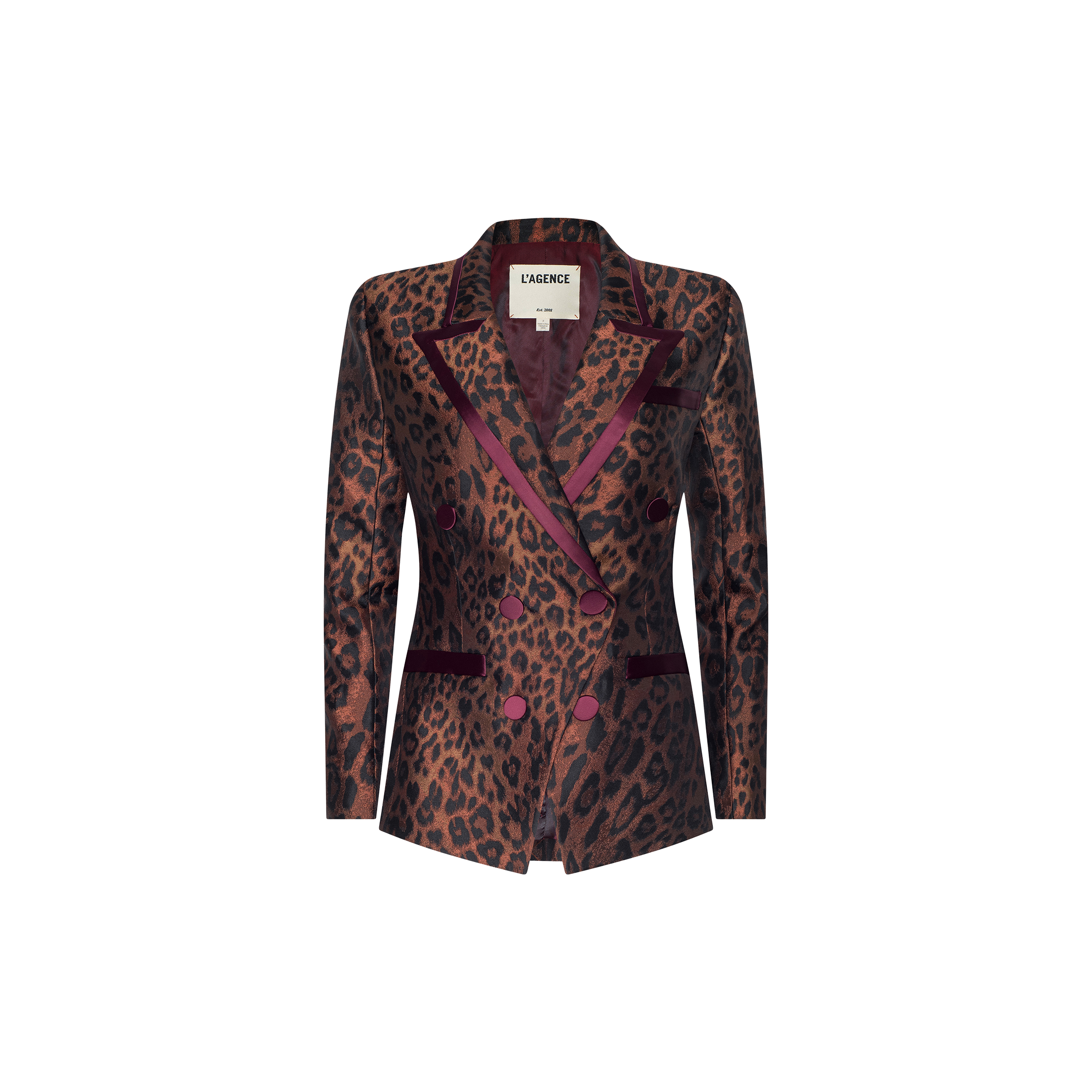 The Kyomi Double-Breasted Blazer is a longline blazer with a brown and black leopard jacquard print, highlighted by maroon velvet lapels, buttons, and pocket accents, shown against a plain white background.