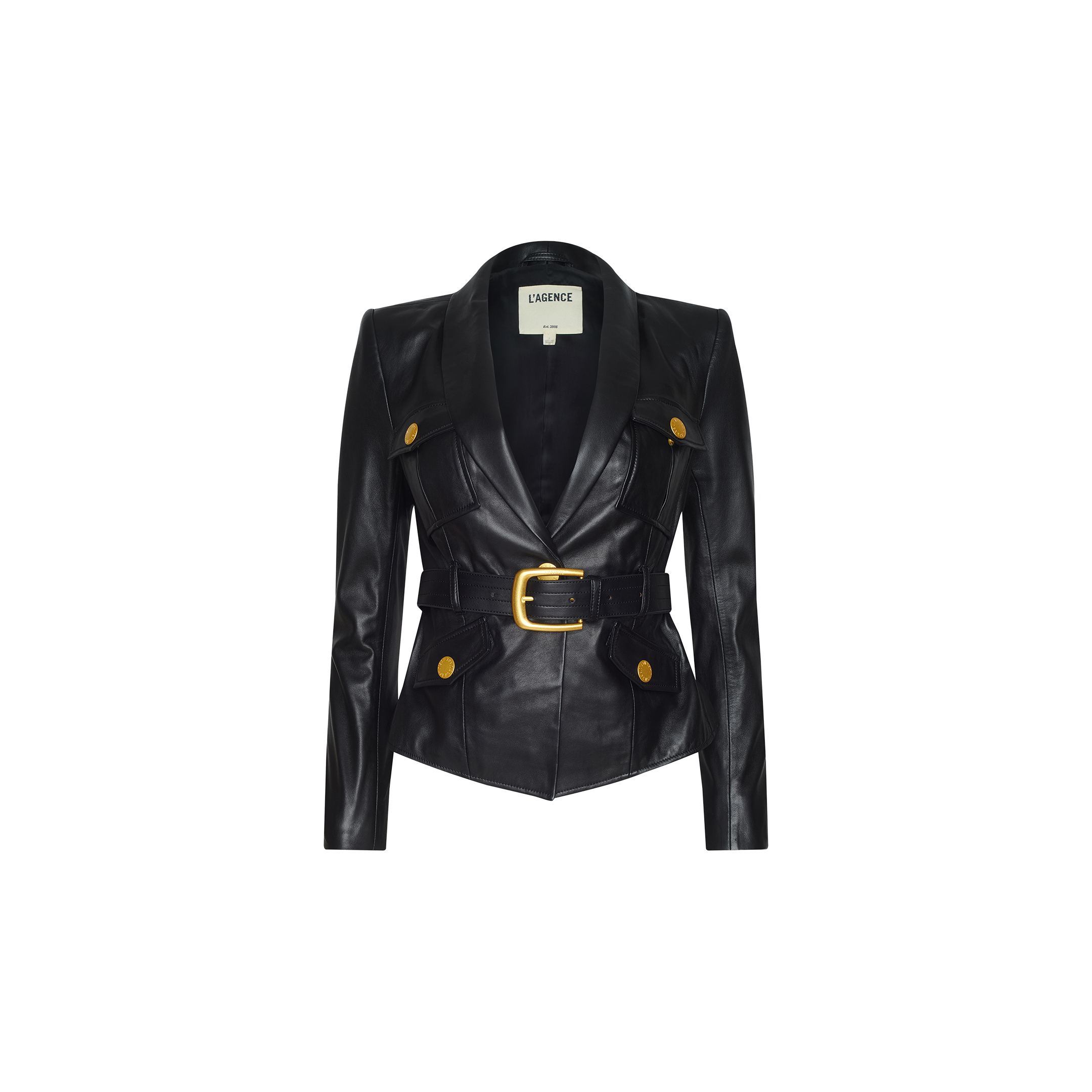 Wisteria Leather Blazer: A black leather women’s blazer with wide lapels, gold buttons, and a matching belt accented by a large gold buckle, shown on a plain white background.