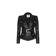 Wisteria Leather Blazer: A black leather women’s blazer with wide lapels, gold buttons, and a matching belt accented by a large gold buckle, shown on a plain white background.