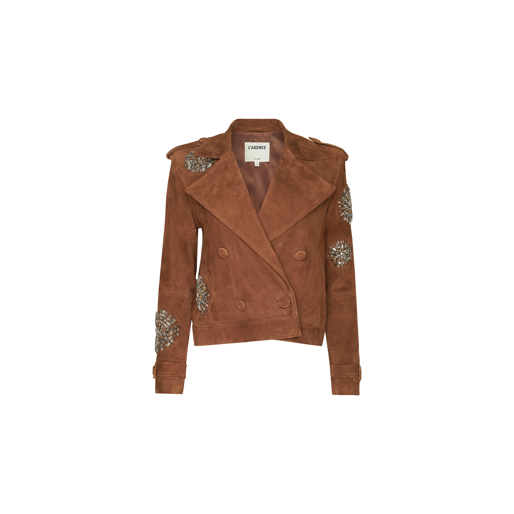 The Xoey Cropped Crystal Trench Coat is a brown suede double-breasted jacket featuring crystal embellishments and floral designs on the shoulders and sleeves, inspired by cropped suede trench styles from Fall 2026 Fashion Week, shown against a plain white background.