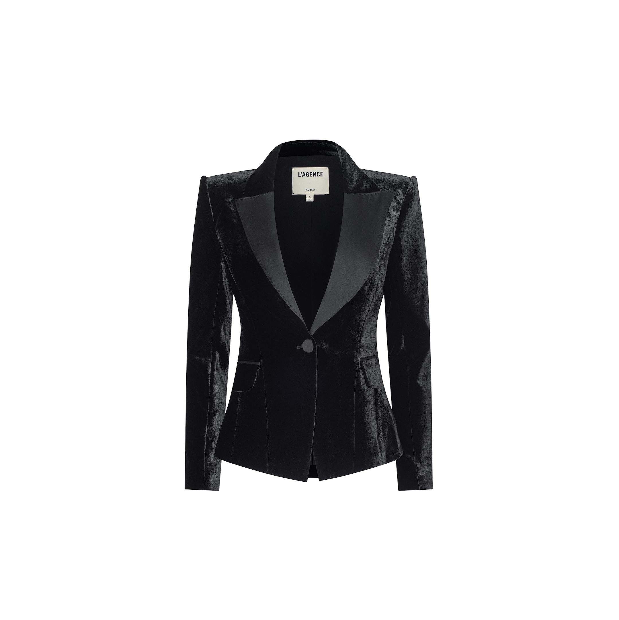The Philippa Velvet Blazer, crafted in black velvet with satin lapels, features a single front button closure and slightly padded shoulders, and is displayed on a plain white background.