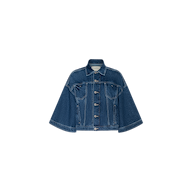 The Silas Cape Jacket is an all-cotton blue denim jean shirt jacket featuring cape sleeves, a front button closure, and two chest pockets, displayed on a plain white background.