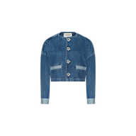 The Verona Jean Jacket is a cropped denim jacket featuring long sleeves, silver buttons, front pockets, and light blue cuffs, displayed on a plain white background.