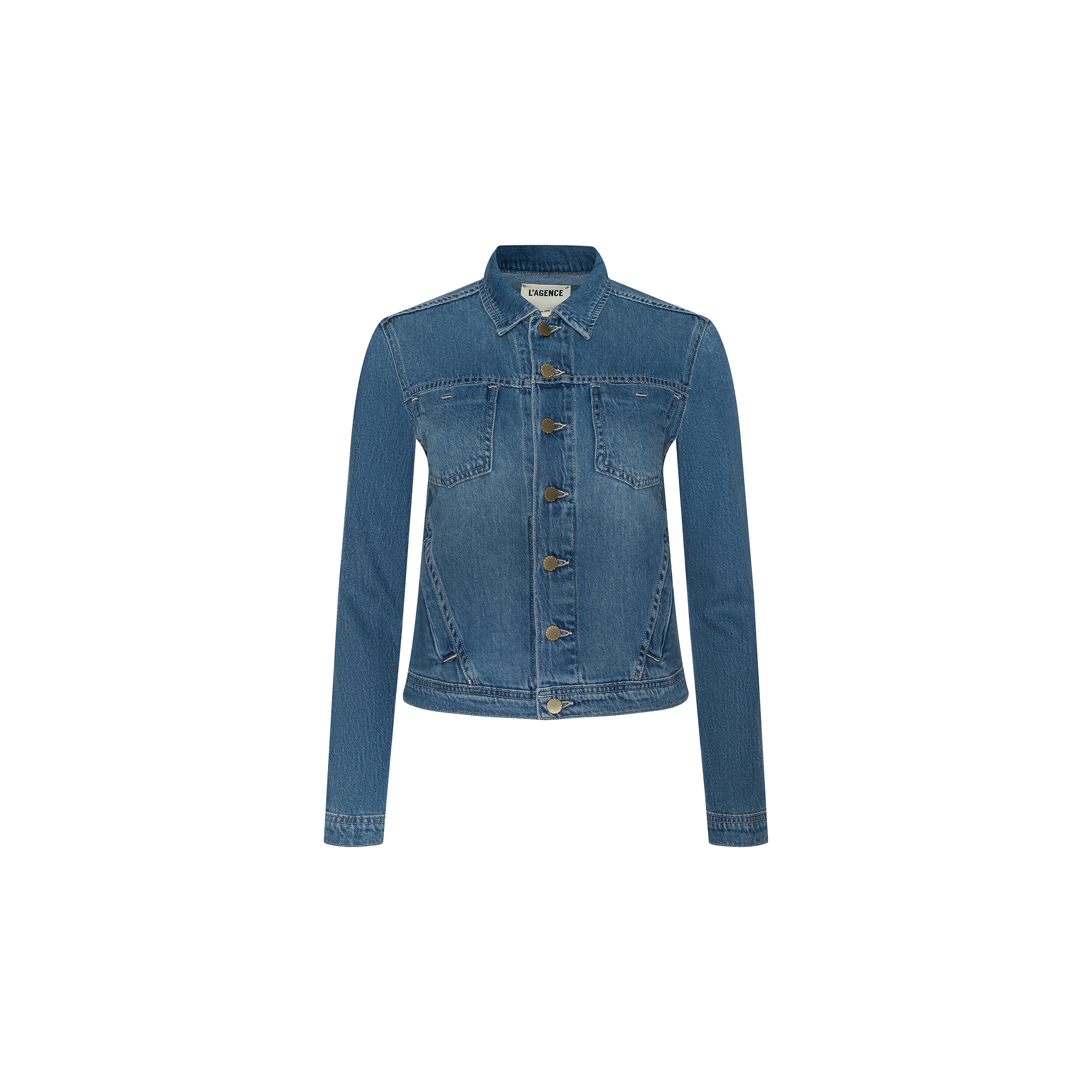 The Celine Jean Jacket, a classic blue featherweight denim style featuring long sleeves, a button-up front, chest pockets, and a pointed collar, is displayed on a plain white background.