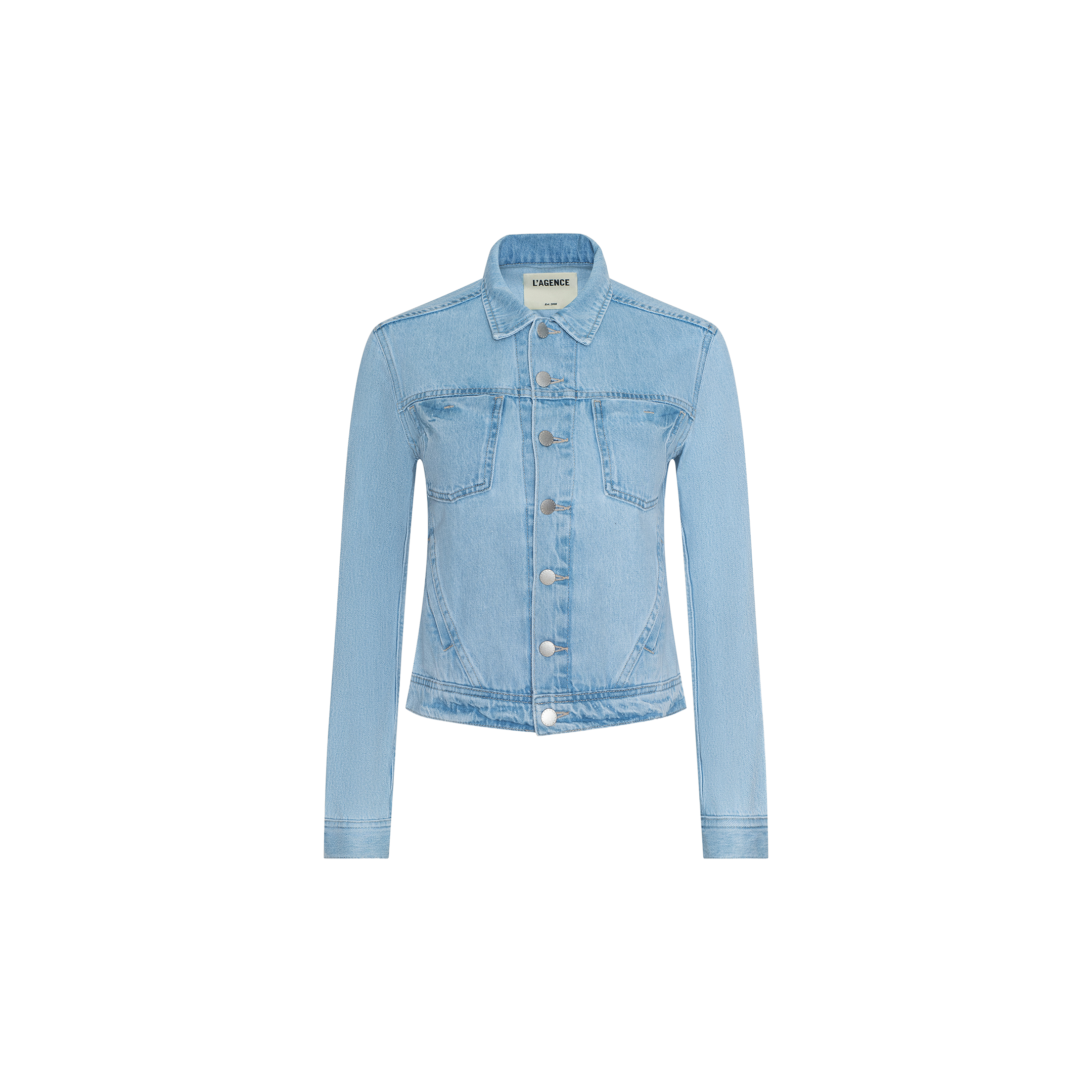 Light blue denim Celine Jean Jacket featuring long sleeves, a button front closure, pointed collar, two chest flap pockets, and a slim fit design, displayed on a plain white background.