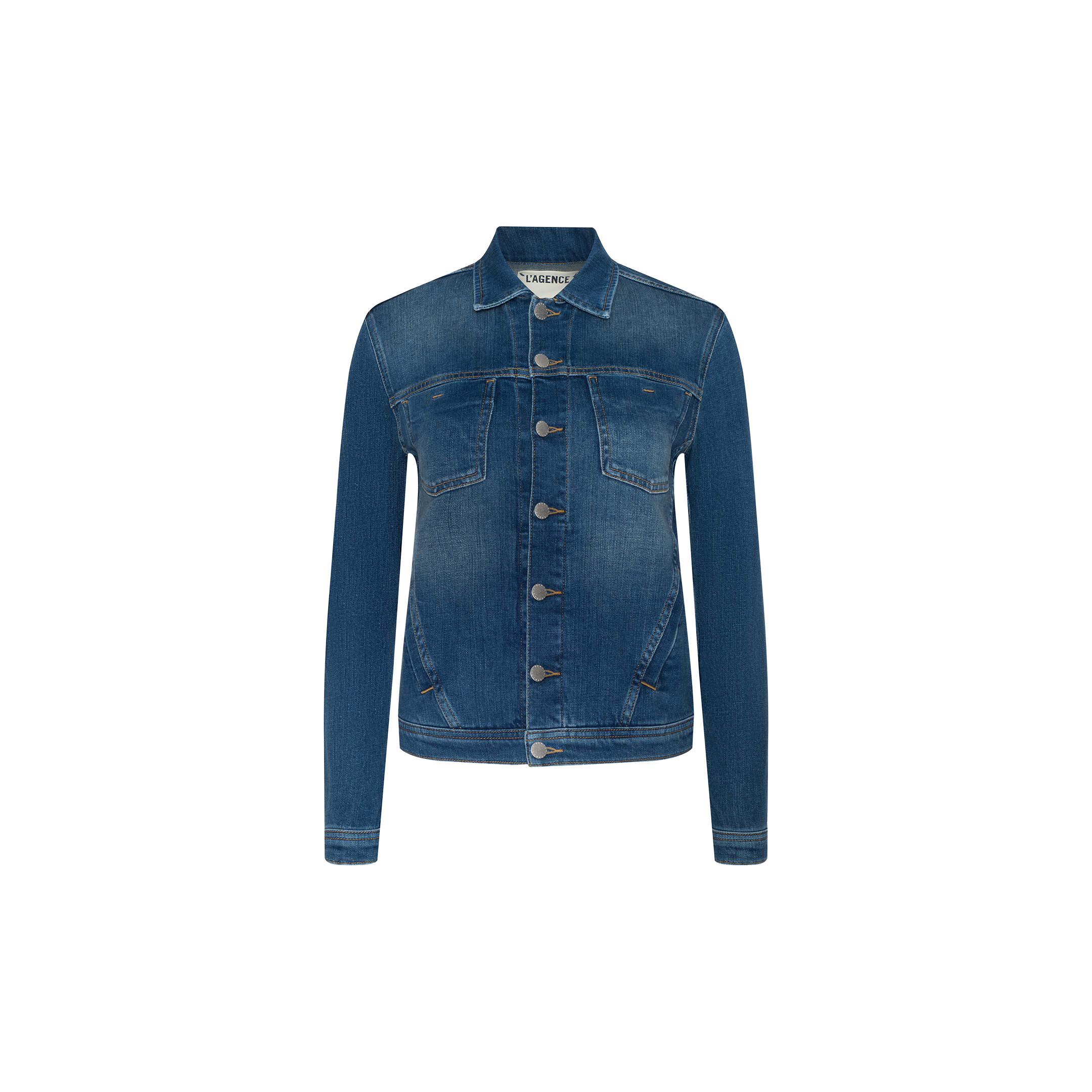 The Celine Jean Jacket is a classic blue denim jacket in a vintage wash, featuring long sleeves, a button front closure, and chest pockets, displayed on a plain white background.