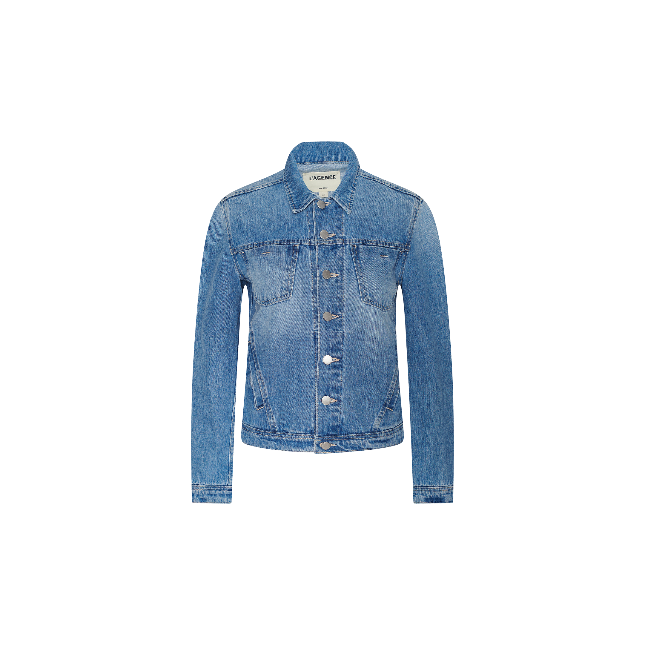 The Celine Jean Jacket is a slim fit, light denim wash piece featuring long sleeves, a button-down front, chest pockets, and a collar, displayed on a plain white background.