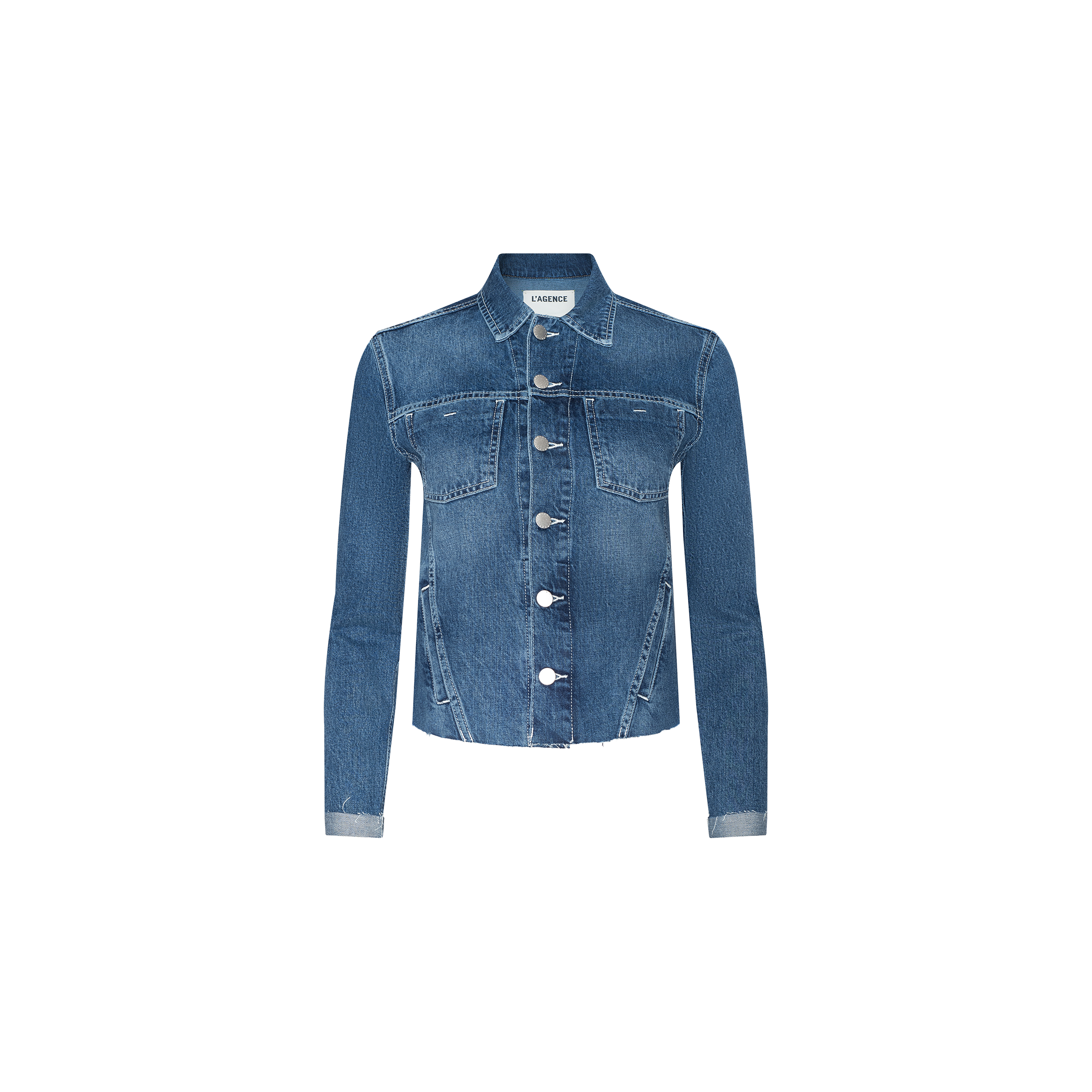 The Janelle Jean Jacket is a slim fit, medium wash denim jacket featuring long sleeves, front buttons, two chest pockets with flaps, and a classic collar, displayed on a plain white background.